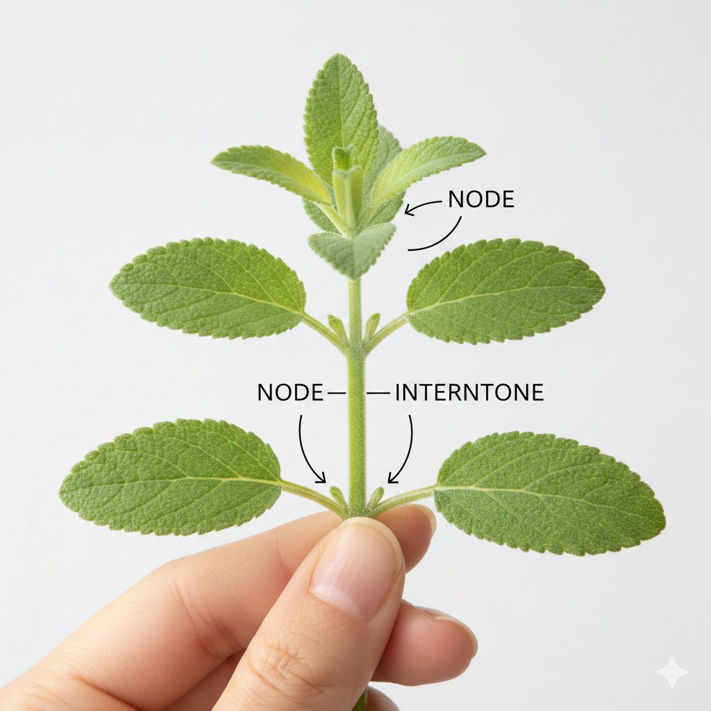 チェリーセージ 切り戻し 位置 チェリーセージの茎の構造図解:葉が生えている節(ノード)と茎だけの節間(インターノード)の違い