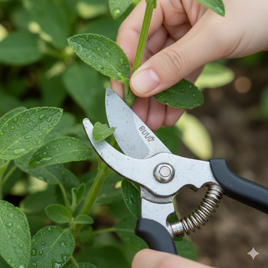 チェリーセージ 切り戻し 位置 チェリーセージの正しい剪定位置:節の5mm〜10mm上でハサミを入れる様子