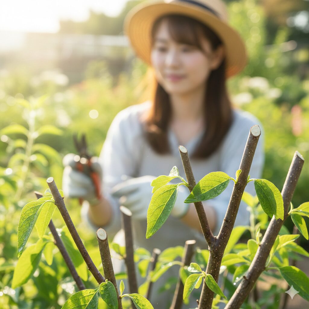 チェリーセージ 切り戻し 位置 ナース・リーフ(看護師の葉):剪定後の回復を早めるために枝に残された緑の葉