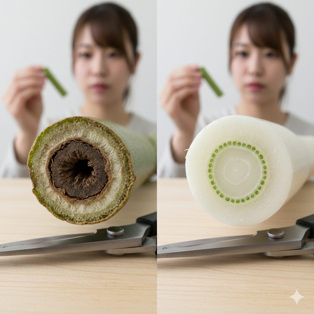 チェリーセージ 切り戻し 位置 剪定失敗のサイン:枯れ込んだ茎の断面と健康な茎の断面の比較