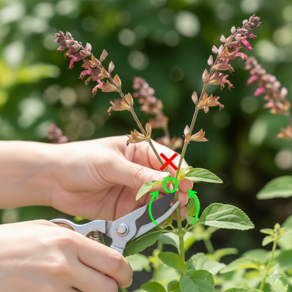 チェリーセージ 切り戻し 位置 チェリーセージの花柄摘み:花穂のすぐ下ではなく2〜3節下で切る正しい位置の図解