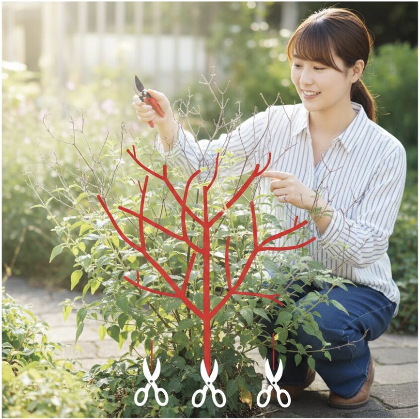 チェリーセージ 切り戻し 位置 梅雨前の透かし剪定:間引くべき不要な枝(逆さ枝・枯れ枝・交差枝)の剪定ポイント