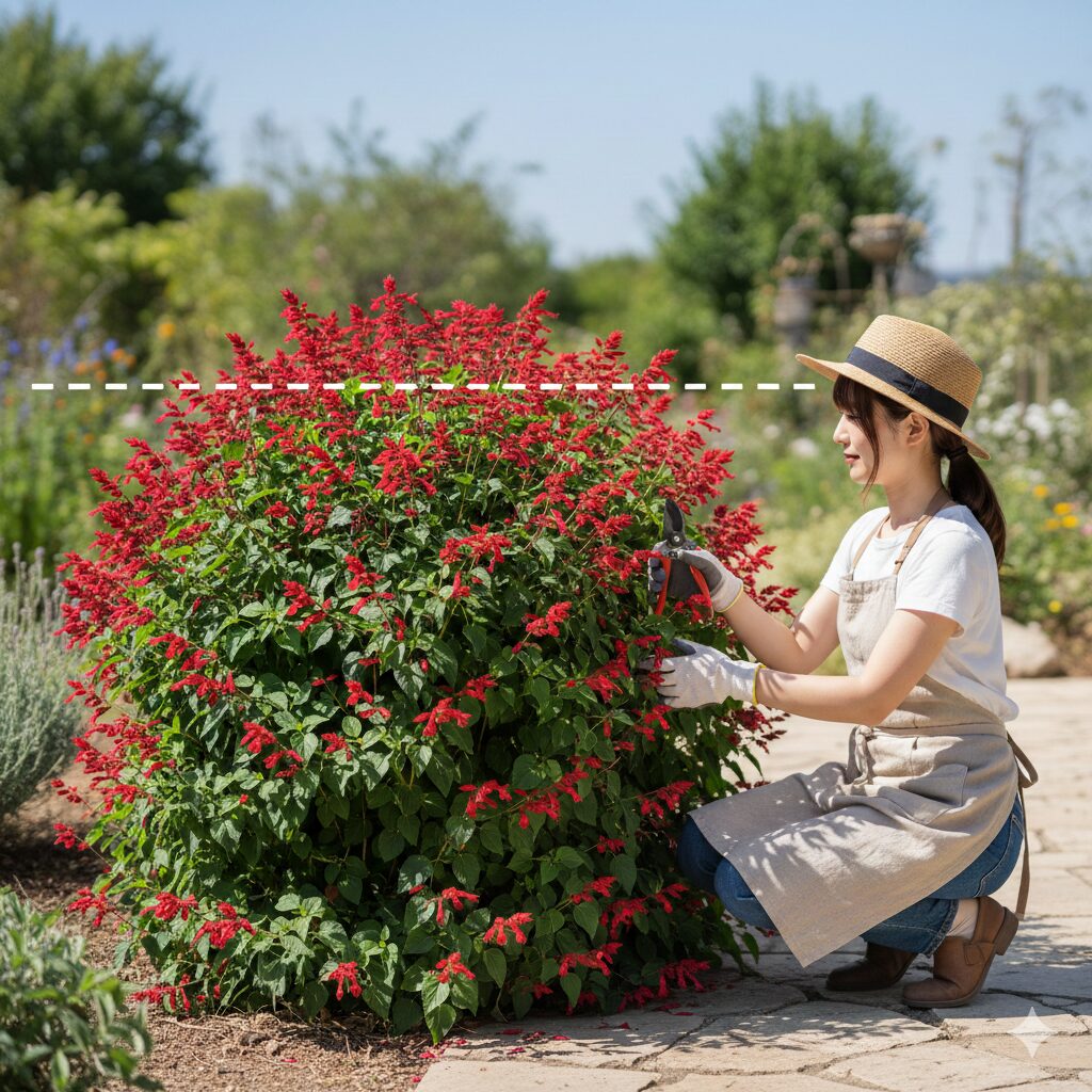 チェリーセージ 切り戻し 位置 秋の開花に向けた夏剪定:株の上部1/3を切り戻して樹形を整える位置の目安