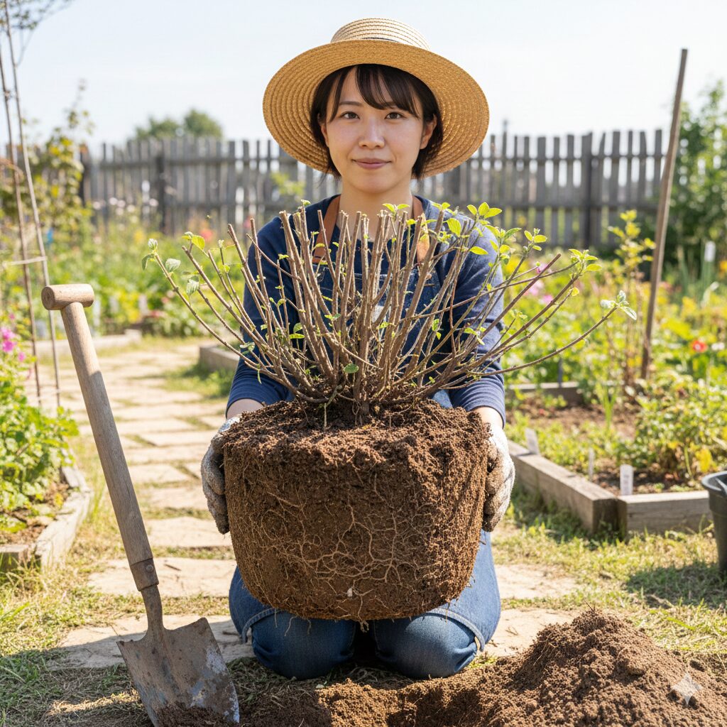 チェリーセージ 大きくなりすぎ1　移植を成功させるため、地上部を強剪定してT/R比を整え、根鉢をつけて掘り上げられたチェリーセージの大株