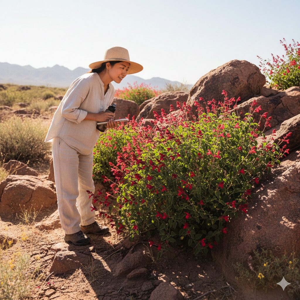 チェリーセージ 大きくなりすぎ　原産地であるメキシコの乾燥した半砂漠地帯の岩場に自生する野生のチェリーセージ（サルビア・ミクロフィラ）