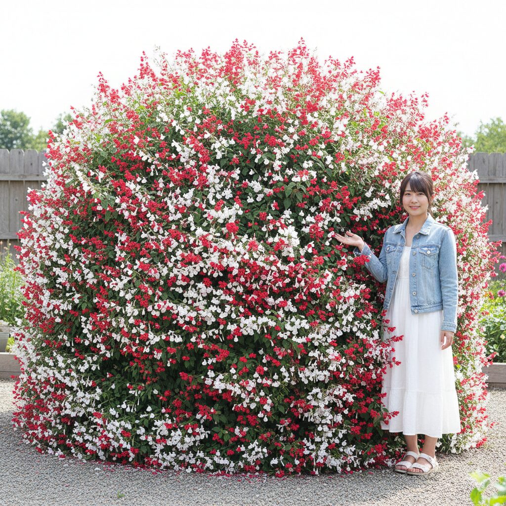 チェリーセージ 大きくなりすぎ　庭植えで巨大なマウンド状に成長し、赤と白の花を咲かせている成長の早いチェリーセージ品種「ホットリップス」