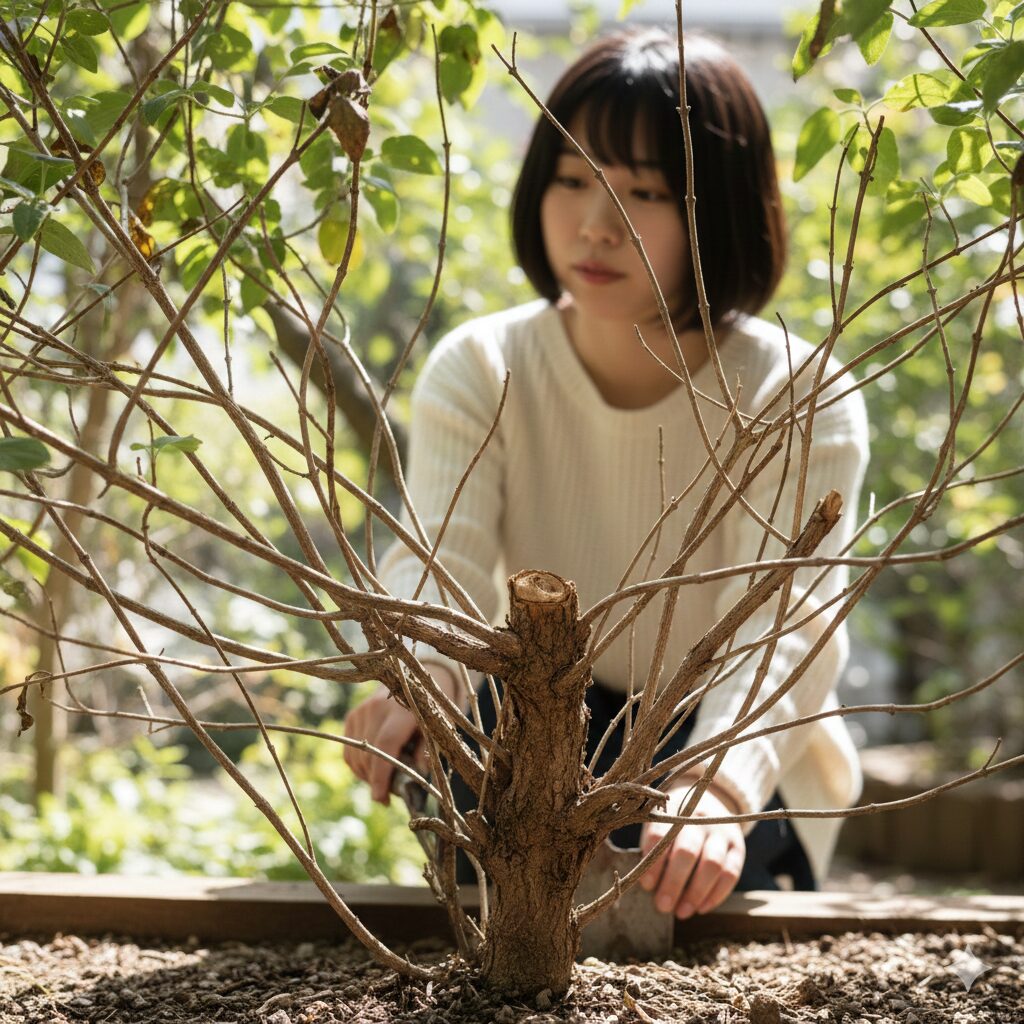 チェリーセージ 大きくなりすぎ　年数が経ち株元が茶色く木質化し、下葉が落ちて枝がむき出しになりスカスカになったチェリーセージの株元