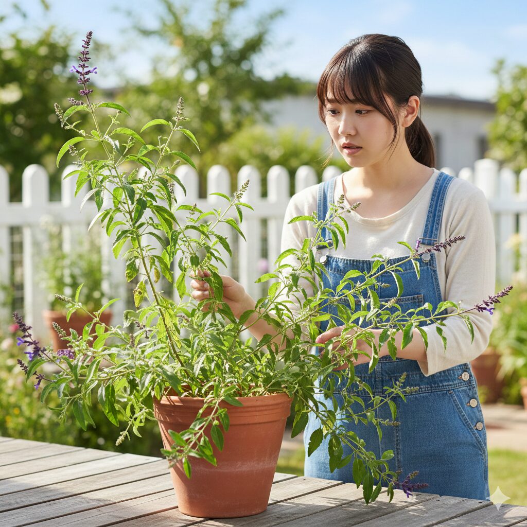 チェリーセージ 大きくなりすぎ　肥料過多により茎が徒長してひょろひょろになり、葉ばかりが茂って花が咲かなくなったチェリーセージ