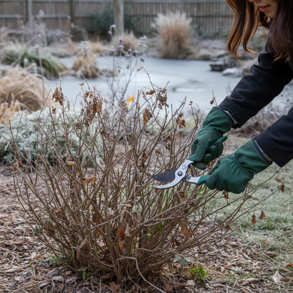 チェリーセージ 大きくなりすぎ　冬の庭で、大きくなりすぎたチェリーセージの株をコンパクトにするための強剪定を始めようとしている様子