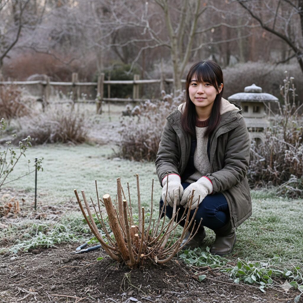 チェリーセージ 大きくなりすぎ　冬の強剪定により、地面から低い位置でバッサリと切り戻されてコンパクトになったチェリーセージの株