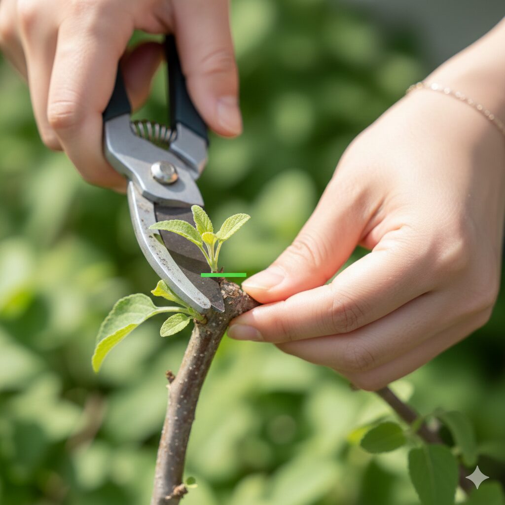 チェリーセージ 大きくなりすぎ　枯死を防ぐため、木質化した枝にある「緑色の葉や脇芽（グリーンライン）」のすぐ上で剪定ばさみを入れる正しい位置のクローズアップ