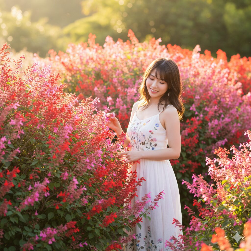 チェリーセージ 花言葉　燃ゆる想いを象徴する、庭で鮮やかに咲く赤とピンクのチェリーセージの花の全体像