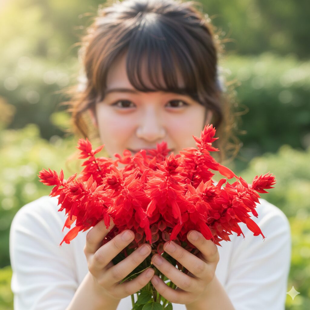 チェリーセージ 花言葉　花言葉「燃ゆる想い」の由来となった鮮やかなチェリーレッドのチェリーセージ（ミラージュ・チェリー・レッド）のクローズアップ