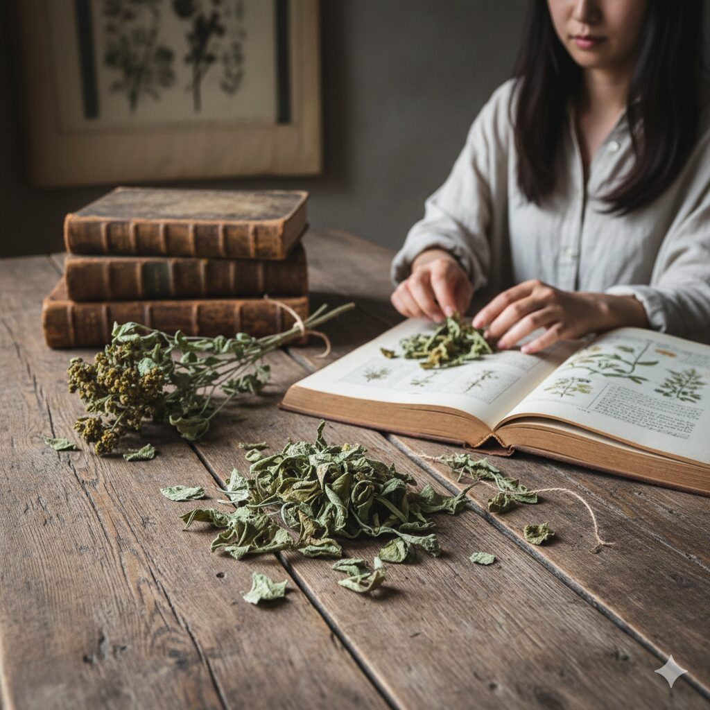 チェリーセージ花言葉「知恵」を象徴する、薬用ハーブとしての歴史を持つサルビア属の乾燥葉と古書の配置