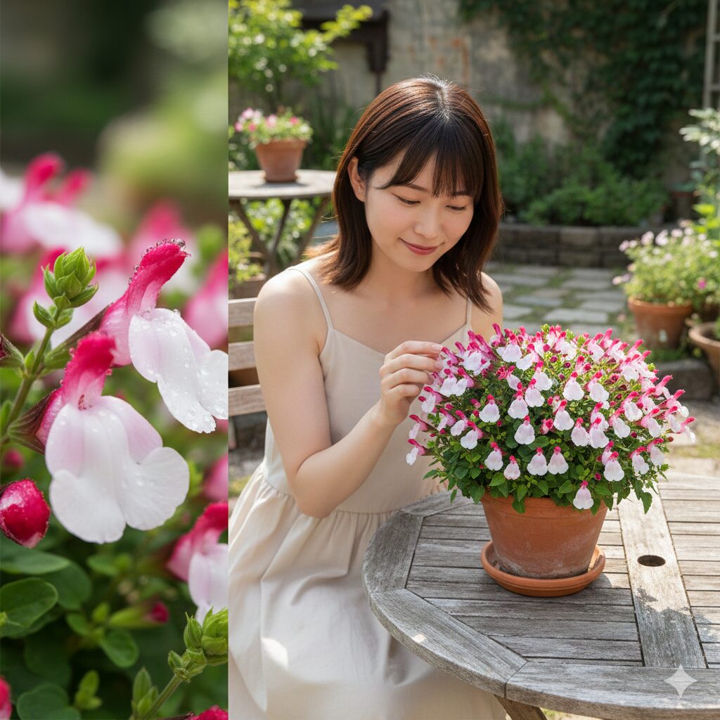 チェリーセージ 花言葉　赤と白のツートンカラーが特徴の人気のチェリーセージ品種「ホットリップス」