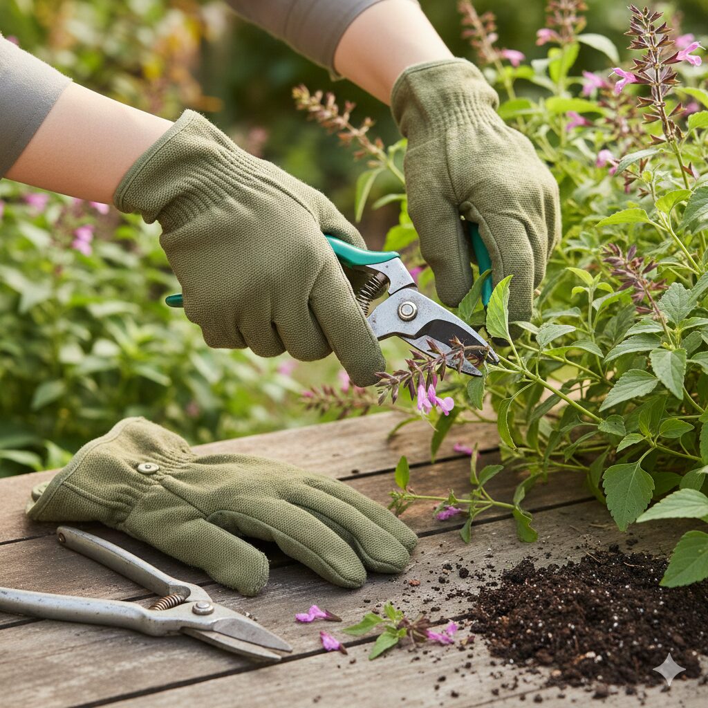 チェリーセージ 花言葉　チェリーセージの剪定に必要なバイパス・プルーナー（鋏）とグローブ（手袋）の様子