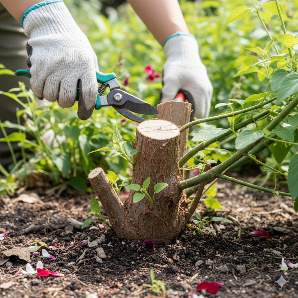 チェリーセージ 花言葉　株の活力を回復させるため、古い木質化した茎を地際で切り戻すチェリーセージの若返り剪定