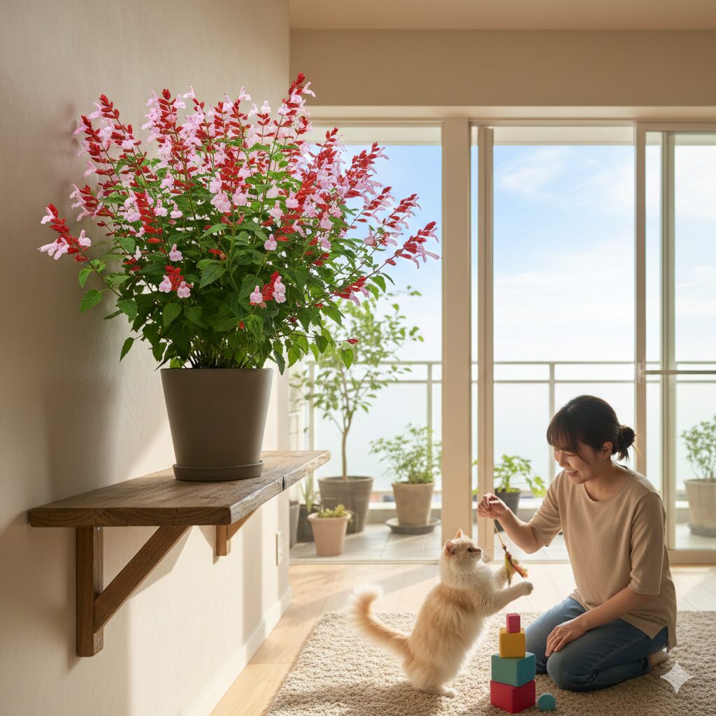 チェリーセージ 花言葉　誤飲を防ぐため、子供やペットが手の届かない高い場所に安全に置かれたチェリーセージの鉢植え