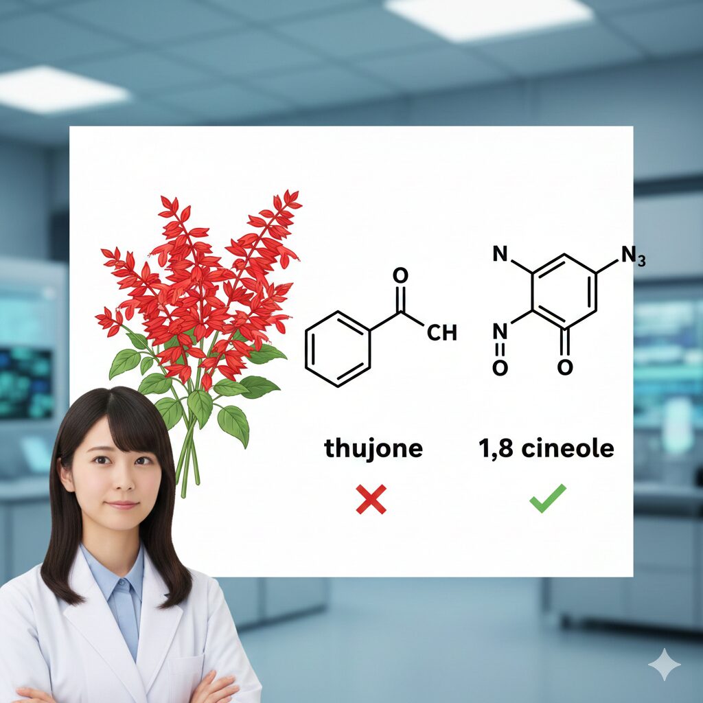 チェリーセージ毒性に関する科学的結論を示す図。ツヨンが痕跡量であることを示すデータで不安を払拭