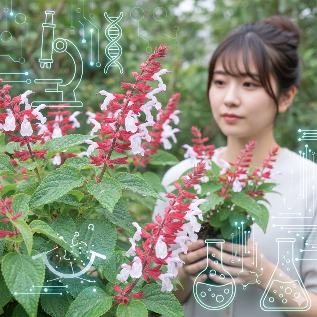 チェリーセージ毒性 チェリーセージの葉と花。化学分析(GC/MS)によりツヨン含有量が痕跡量であることを示す、科学的根拠のイメージ