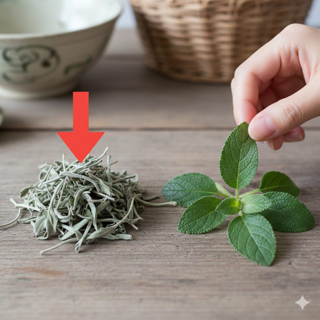 チェリーセージ毒性 コモンセージ(高ツヨン)とチェリーセージ(低ツヨン)の葉を並べた比較画像。コモンセージの毒性と化学的実態