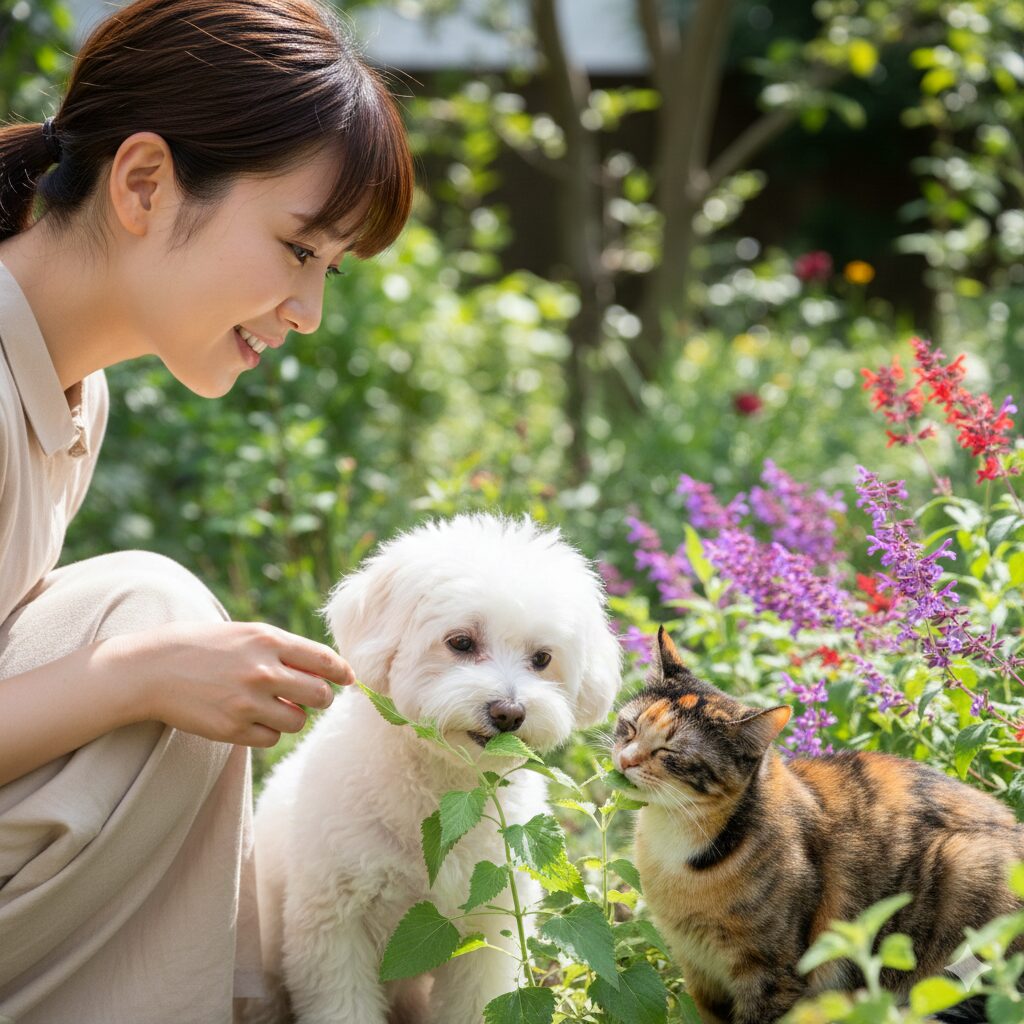 チェリーセージ毒性 庭で安全なチェリーセージの葉を少量嗅ぐ猫。ASPCAの非毒性分類が示すペットの偶発的な誤食リスク