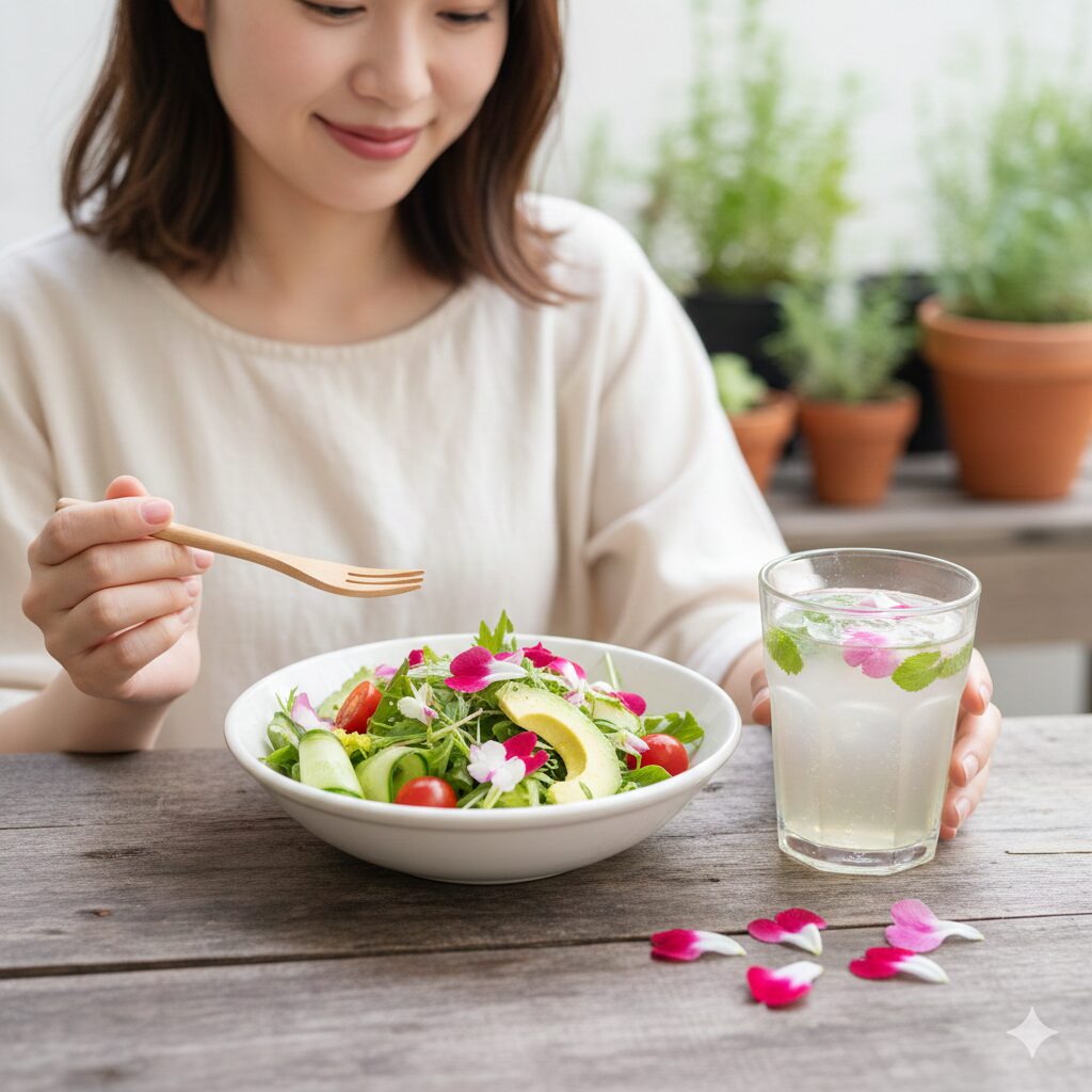 チェリーセージ毒性 チェリーセージの花びらを飾ったエディブルフラワーサラダ。低毒性チェリーセージの食用としての安全性