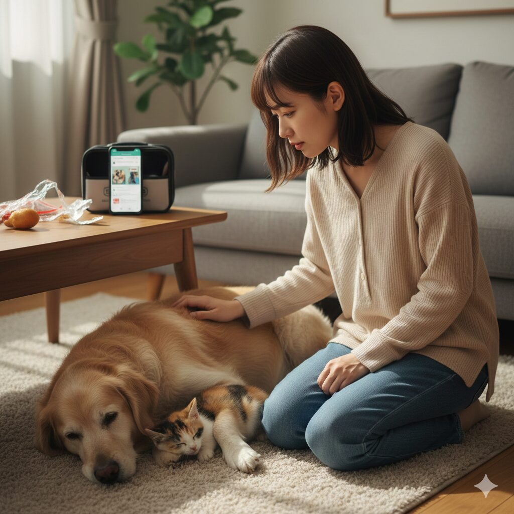 チェリーセージ毒性 飼い主が、チェリーセージを少量誤食したペットの様子を観察している場面。犬猫への影響とリスク管理