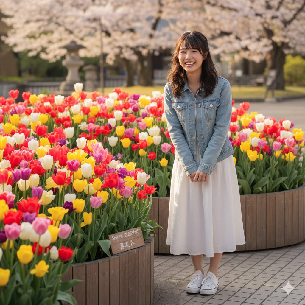 プランターに植えられ、色とりどりのチューリップが咲き誇る様子を、笑顔の若い日本人女性が眺めている。
