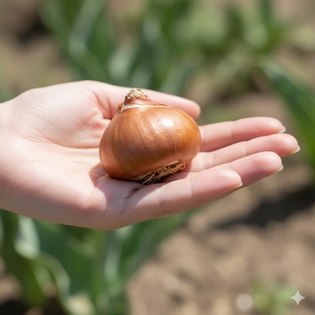 手のひらに乗せられた、健康的でしっかりとしたチューリップの球根。