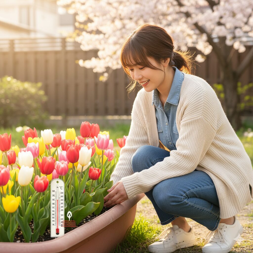 温度計が15℃を示しており、適切な植え付け時期を象徴している