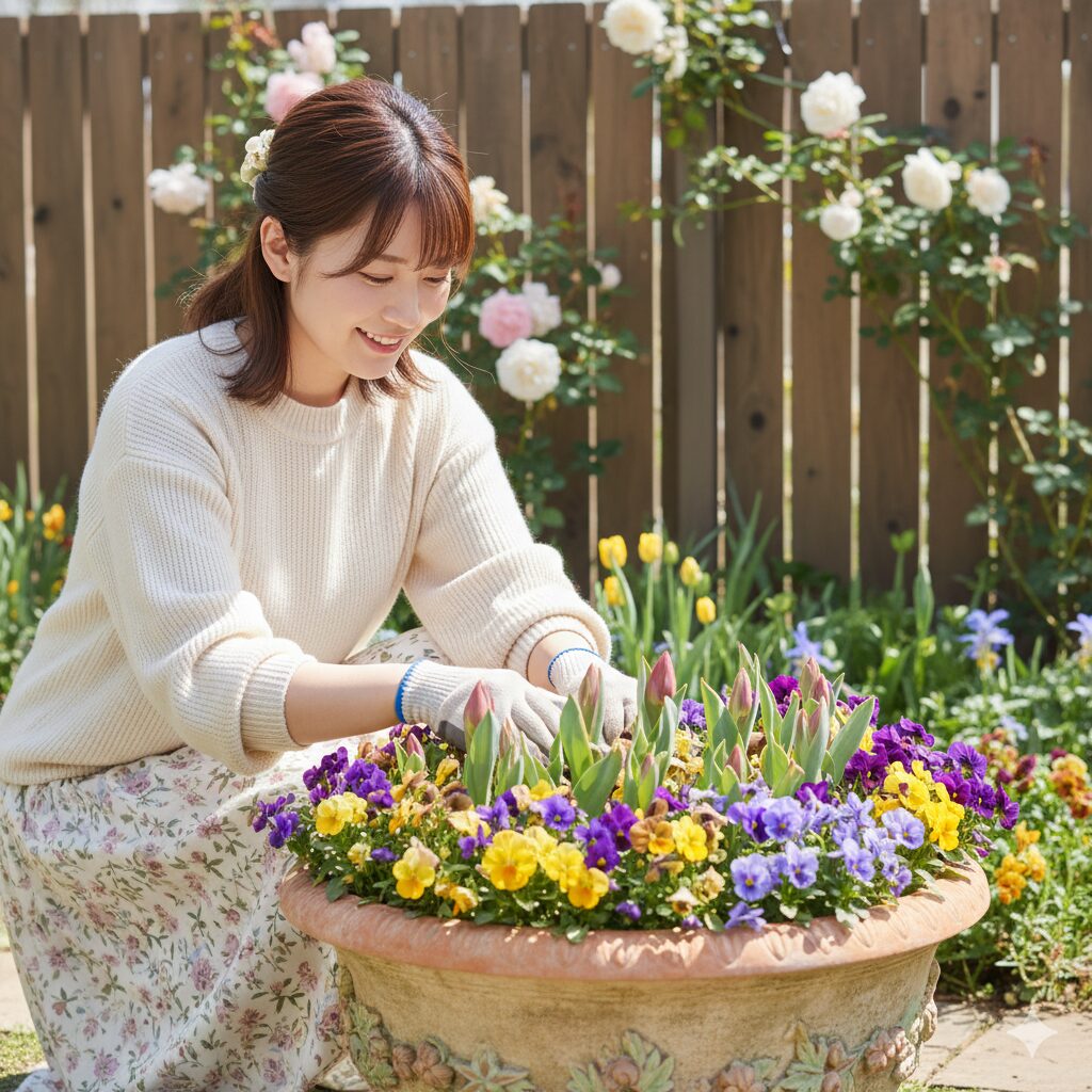 チューリップの芽とビオラが一緒に植えられた、美しい寄せ植えのプランター。