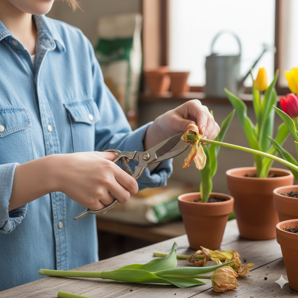 咲き終わったチューリップの花首をハサミで丁寧に切る若い日本人女性の手元。