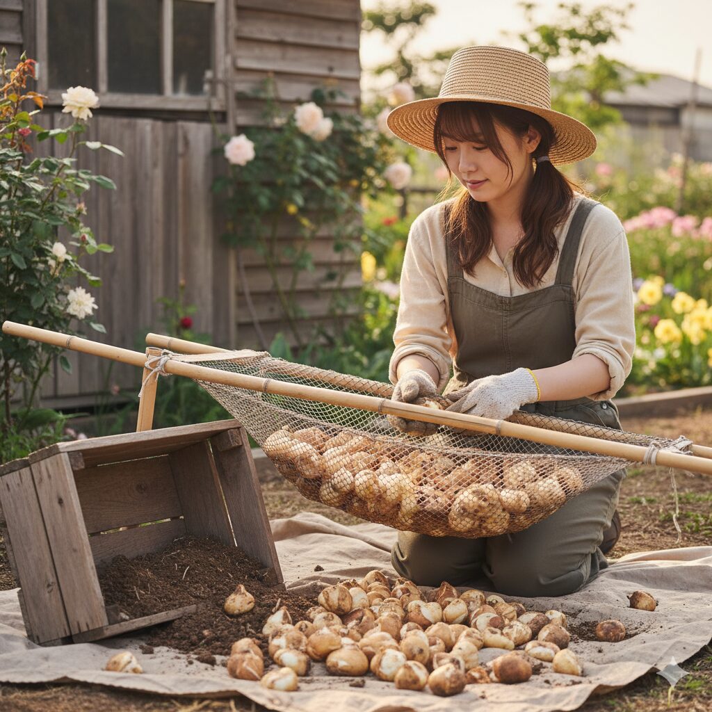 プランターから掘り上げられ、乾燥のためにネットに入れられたチューリップの球根。