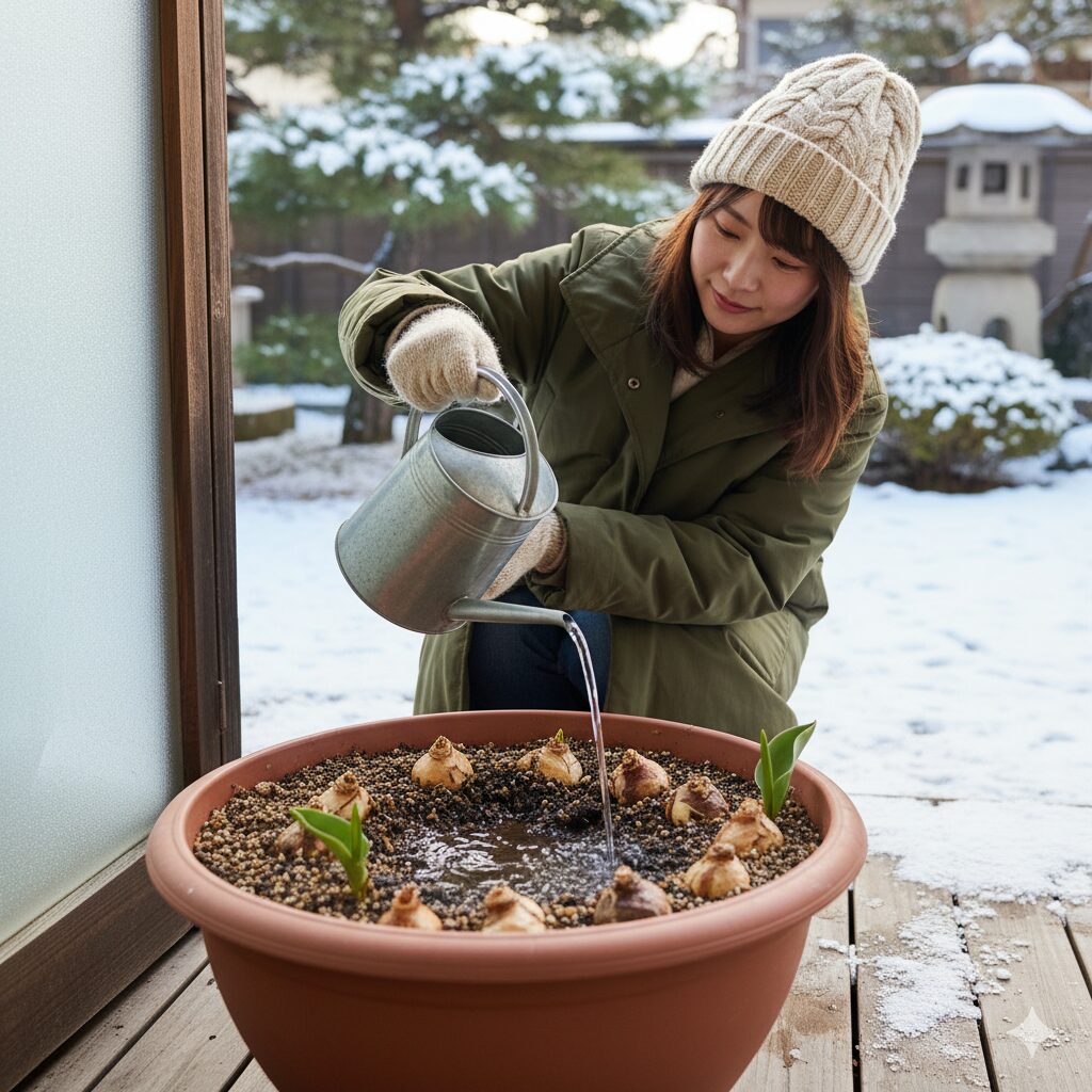 チューリップのプランター。冬の水やりは「乾いたらたっぷり」
