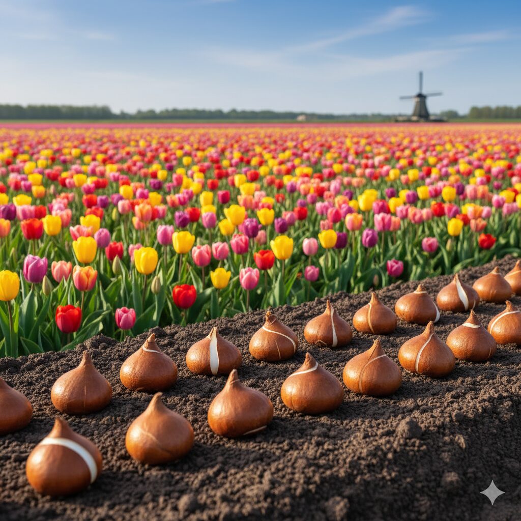 土の上に「向き」を揃えて並べられたチューリップの球根と、背景に咲き誇るカラフルなチューリップの花畑