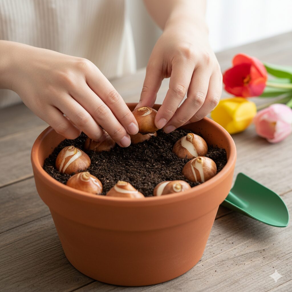 チューリップの球根の「向き」の見分け方を示す図解。「平らな面（腹）」と「丸い面（背）」を横から見た様子。