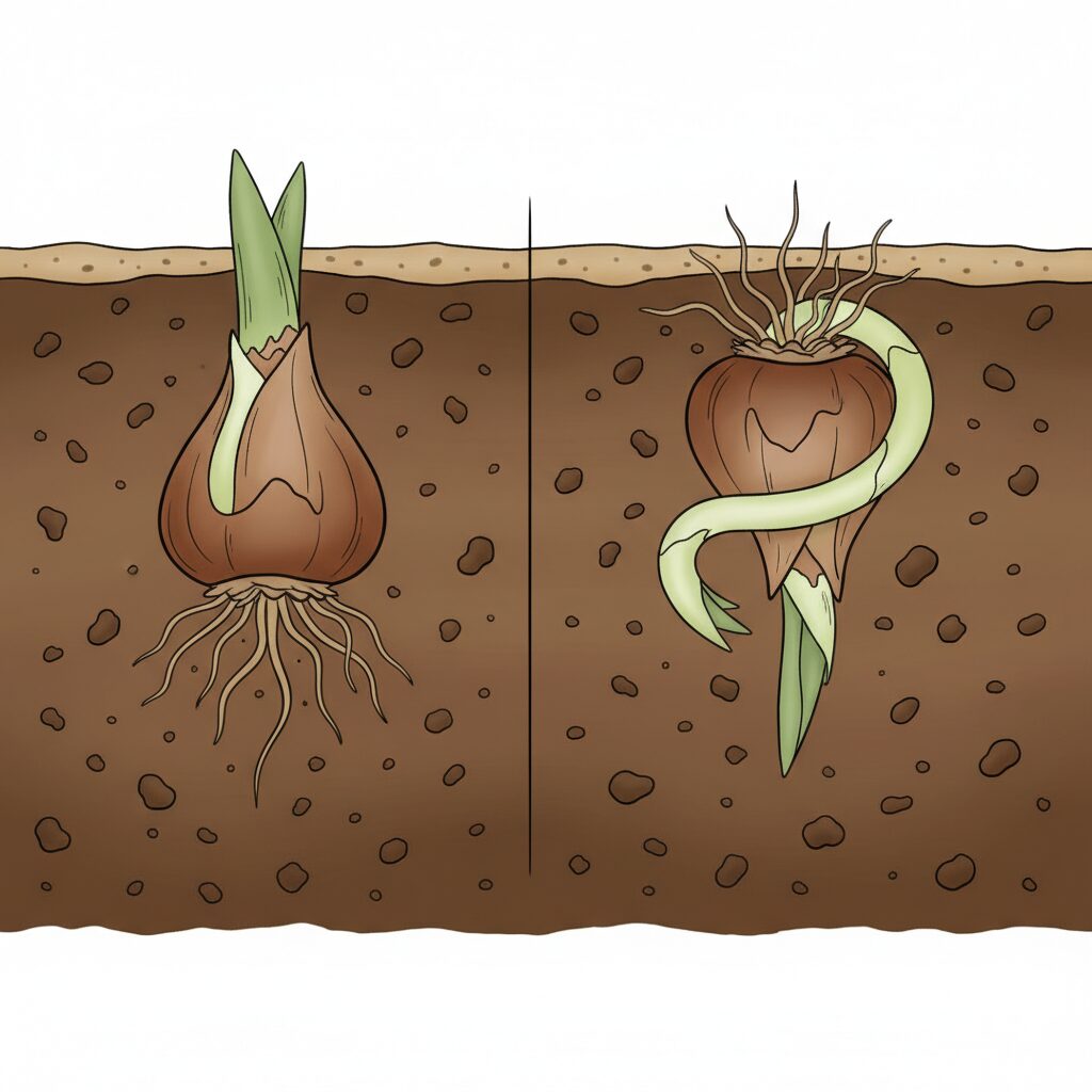 チューリップの球根を上下逆さまに植えた場合のリスクを示す断面図。正しく植えた球根と、地中でUターンを試みる逆さまの球根の比較。