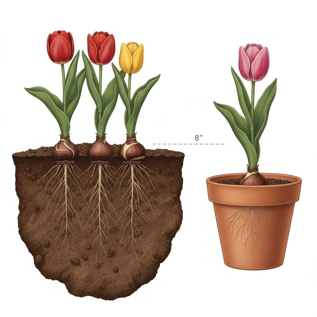 チューリップの「地植え」と「鉢植え」の植え付け深さの違いを示す比較断面図。地植えは深く、鉢植えは浅く植える様子。