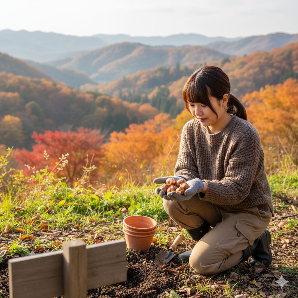 チューリップの植え付け時期の目安。美しい紅葉（こうよう）を背景に、植え付けを待つチューリップの球根。