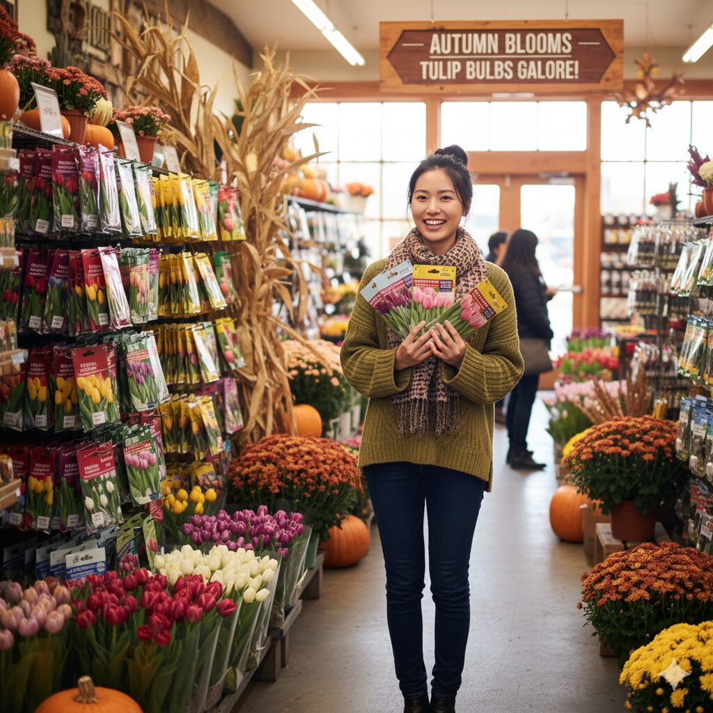 秋のガーデニングショップで、色とりどりのチューリップの球根のパッケージを手に取り、笑顔で選ぶ若い日本人女性。