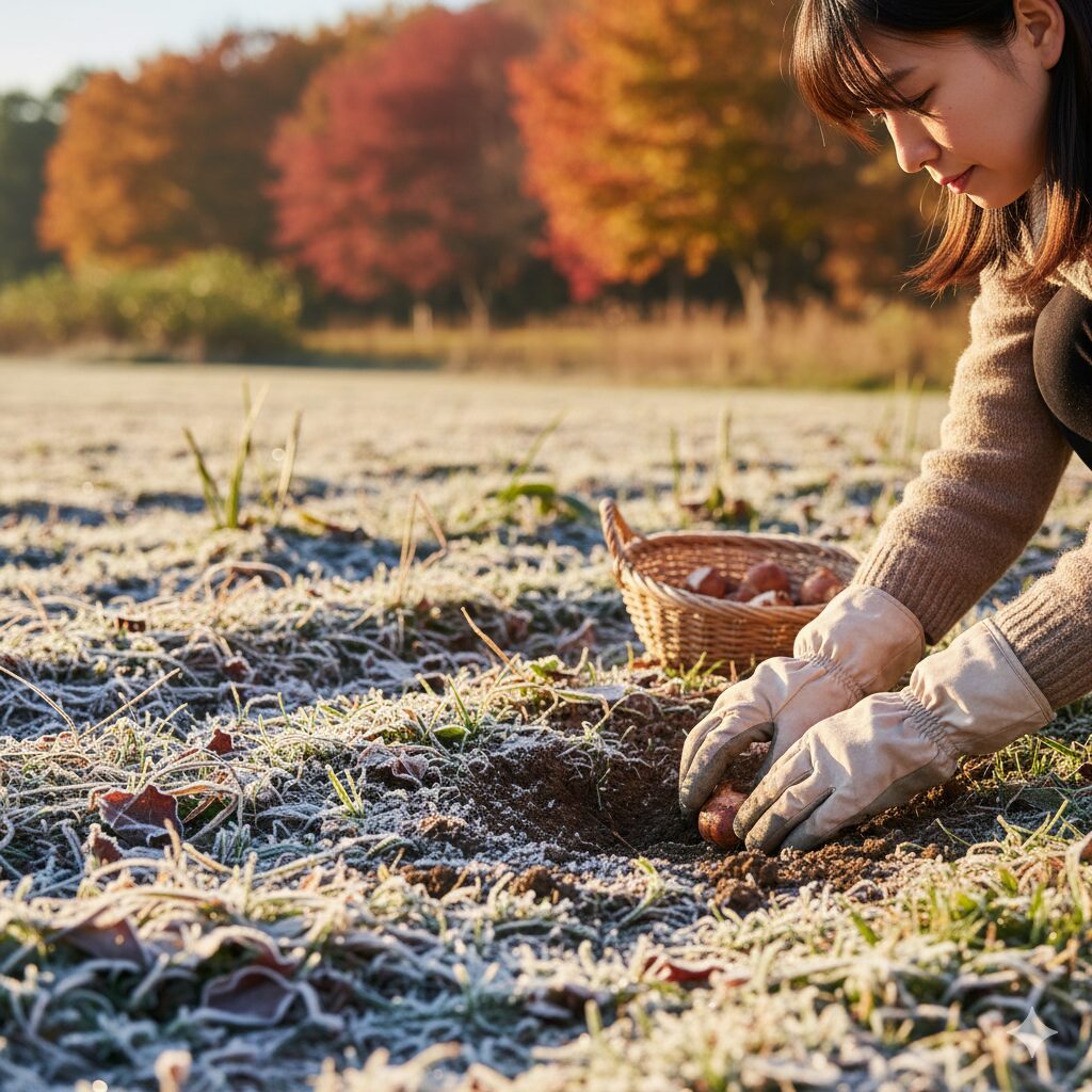 霜が降りたばかりの庭で、手袋をはめてチューリップの球根を植えている若い日本人女性の手元。背景には紅葉した木々が見える。