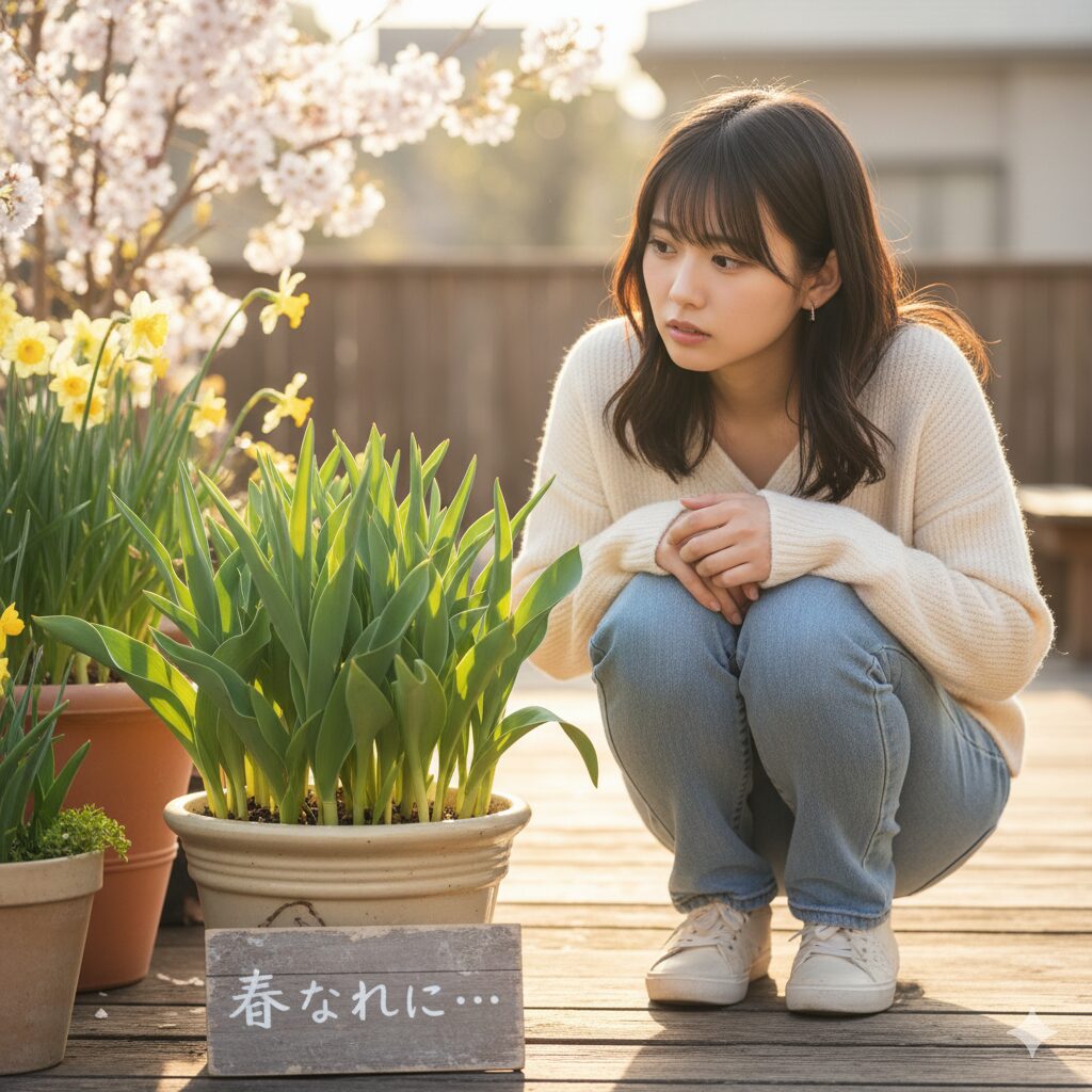 春になっても花が咲かず、葉だけが伸びたチューリップの鉢植えを、心配そうに見つめる若い日本人女性。