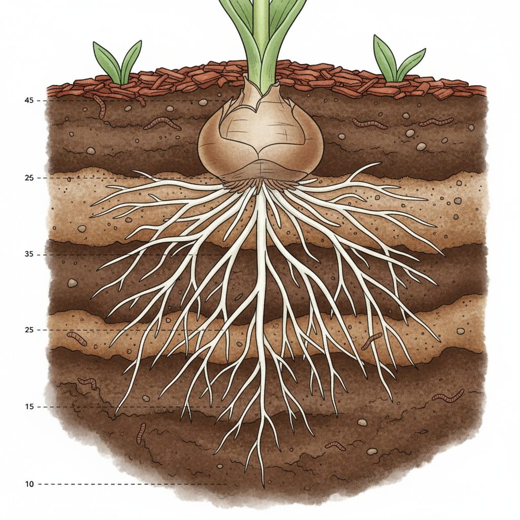 花壇に植え付けられたチューリップの球根の断面図。球根が土の中に深く根を張っている様子と、土の表面からの深さがわかるイラスト。