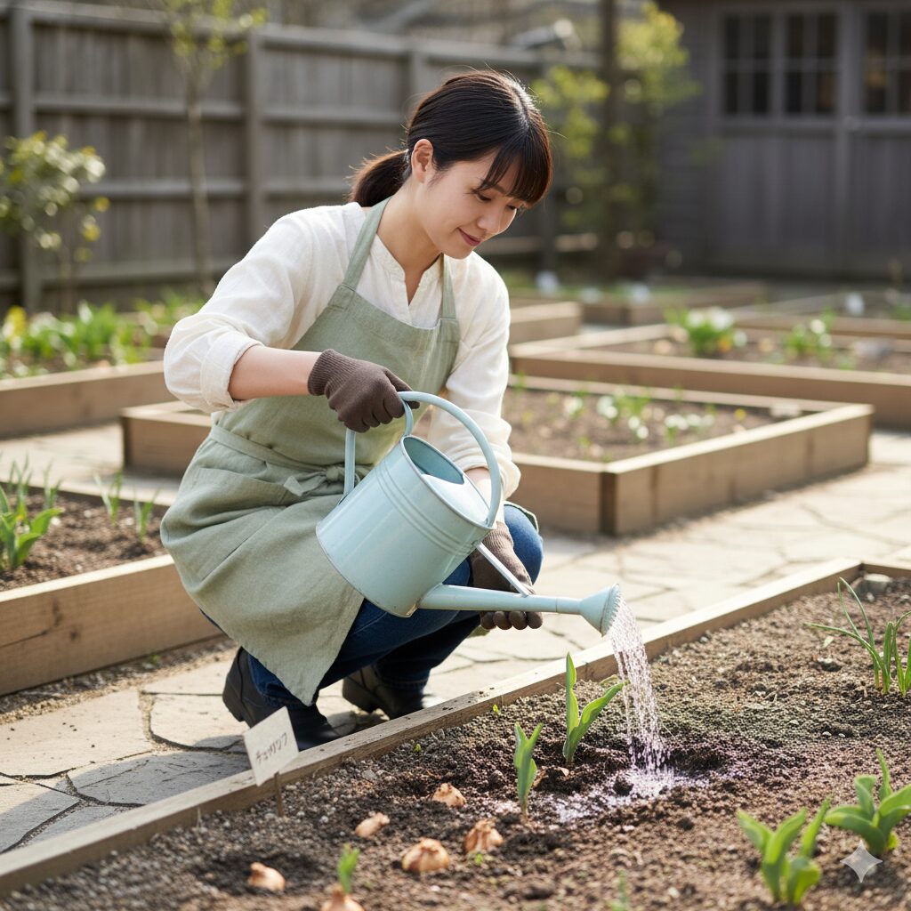 植え付けたばかりのチューリップの球根に、ジョウロで優しく水やりをしている若い日本人女性。