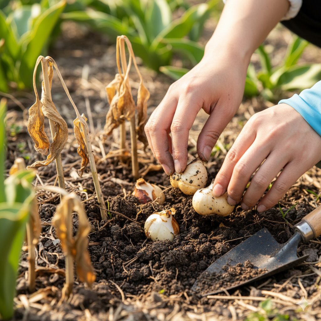 花が終わったチューリップの茎から、新しい球根を掘り上げ、丁寧に土を落としている若い日本人女性の手元。