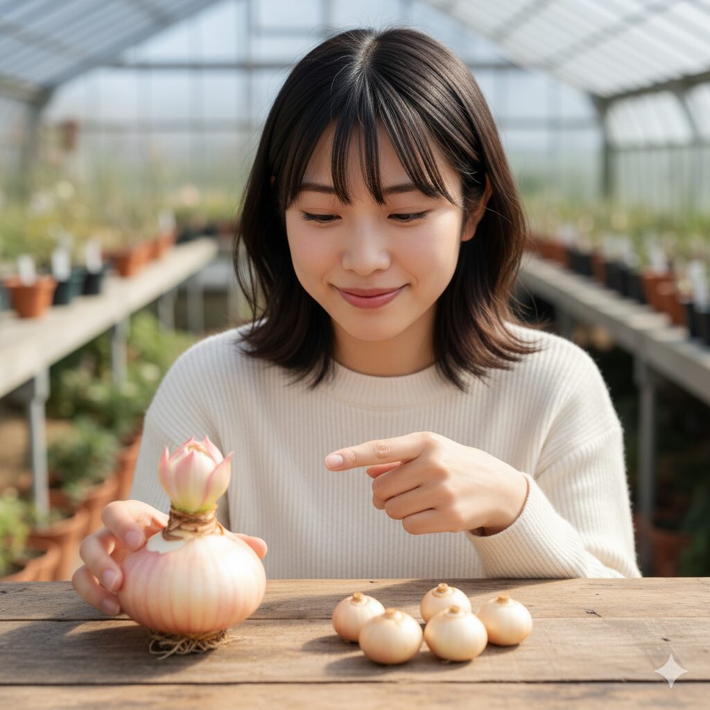 直径3cm以上の大きくてしっかりした開花球と、それよりも小さく来年咲かない子球が並べられ、比較されている画像。