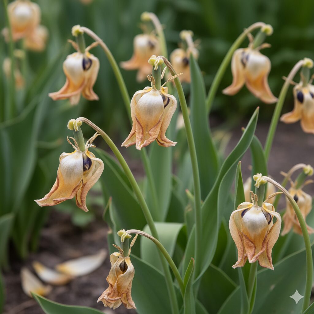 チューリップの花がしおれ始め、花がら摘みが必要な状態を示唆するクローズアップ画像。