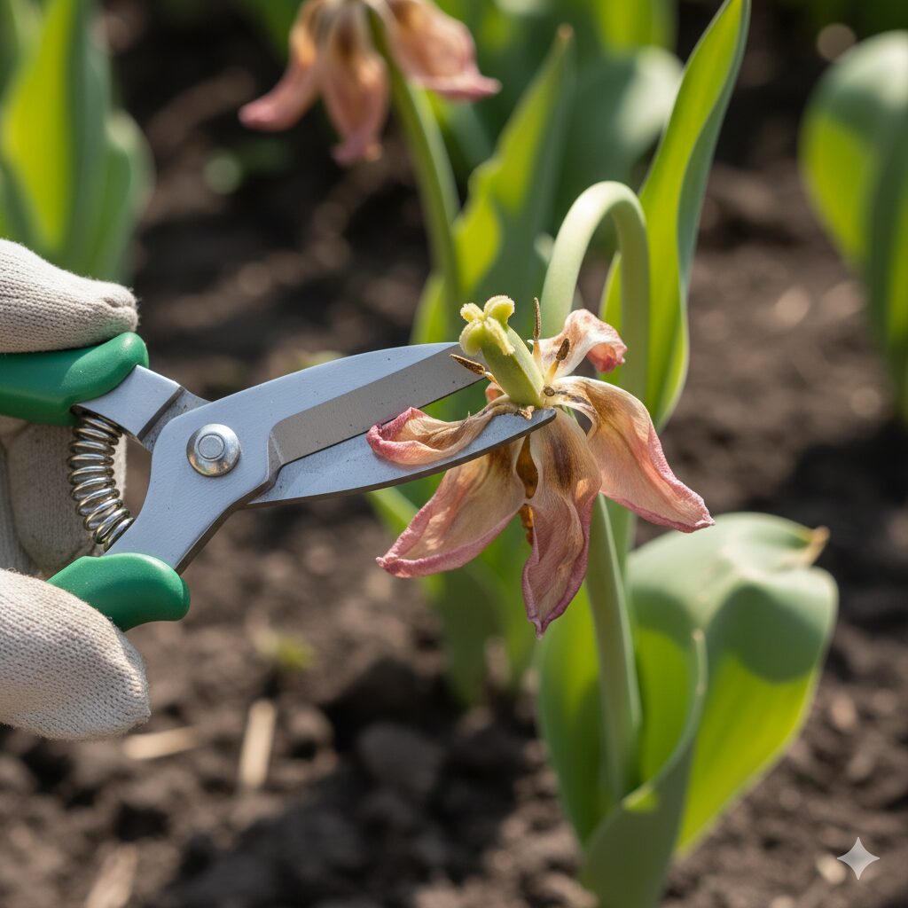 しおれたチューリップの花の子房（種になる部分）を清潔なハサミで摘み取る具体的な手順を示す画像。