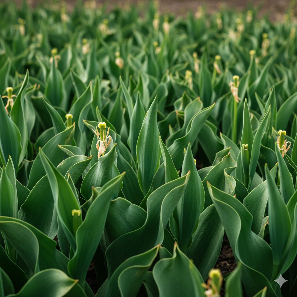 花が終わり、まだ緑色の葉っぱが残っているチューリップの様子。葉の重要性を視覚的に強調する。